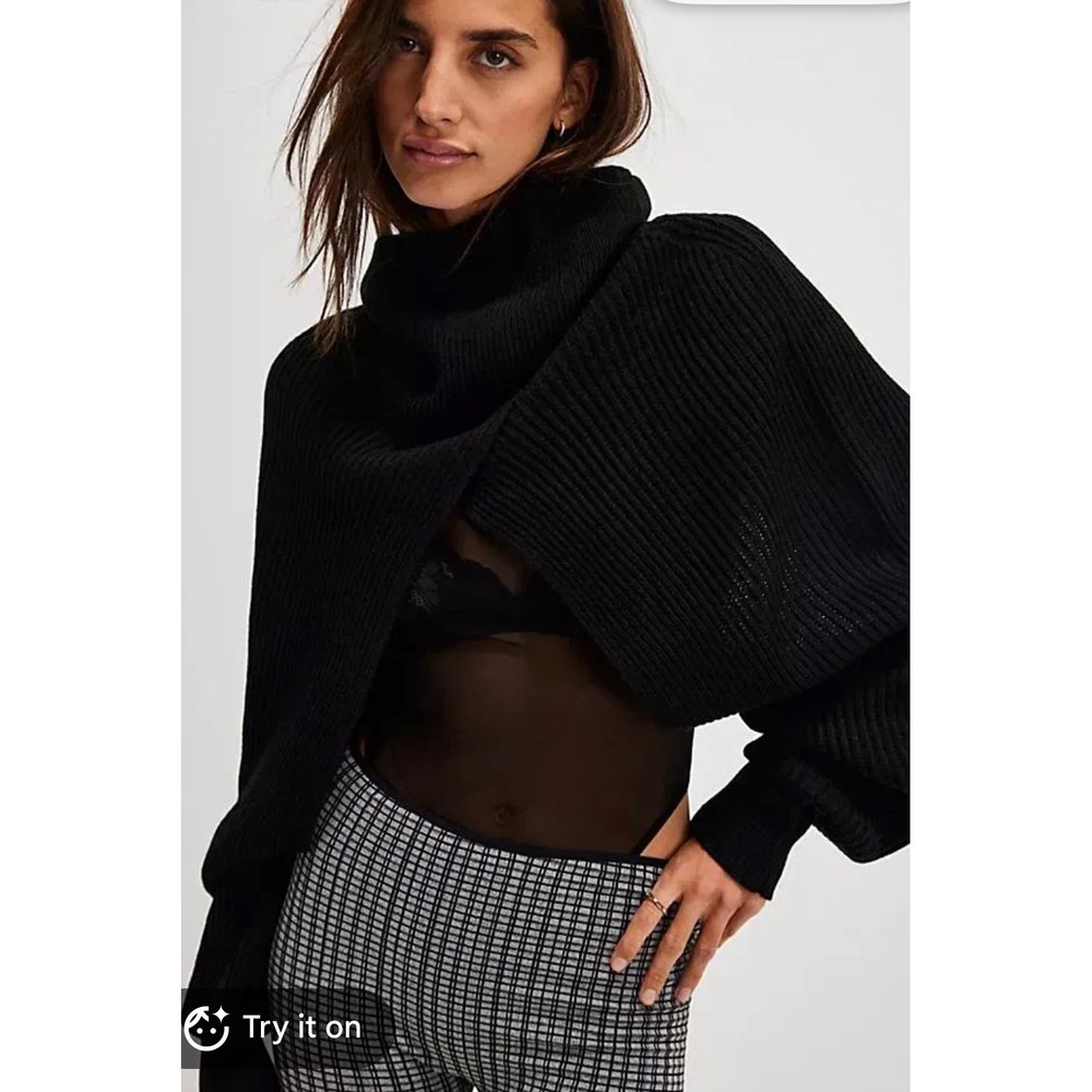 NWT Free People Black Ribbed Knit Cowl Neck Shrug Cocoon Sweater Wrap ALL